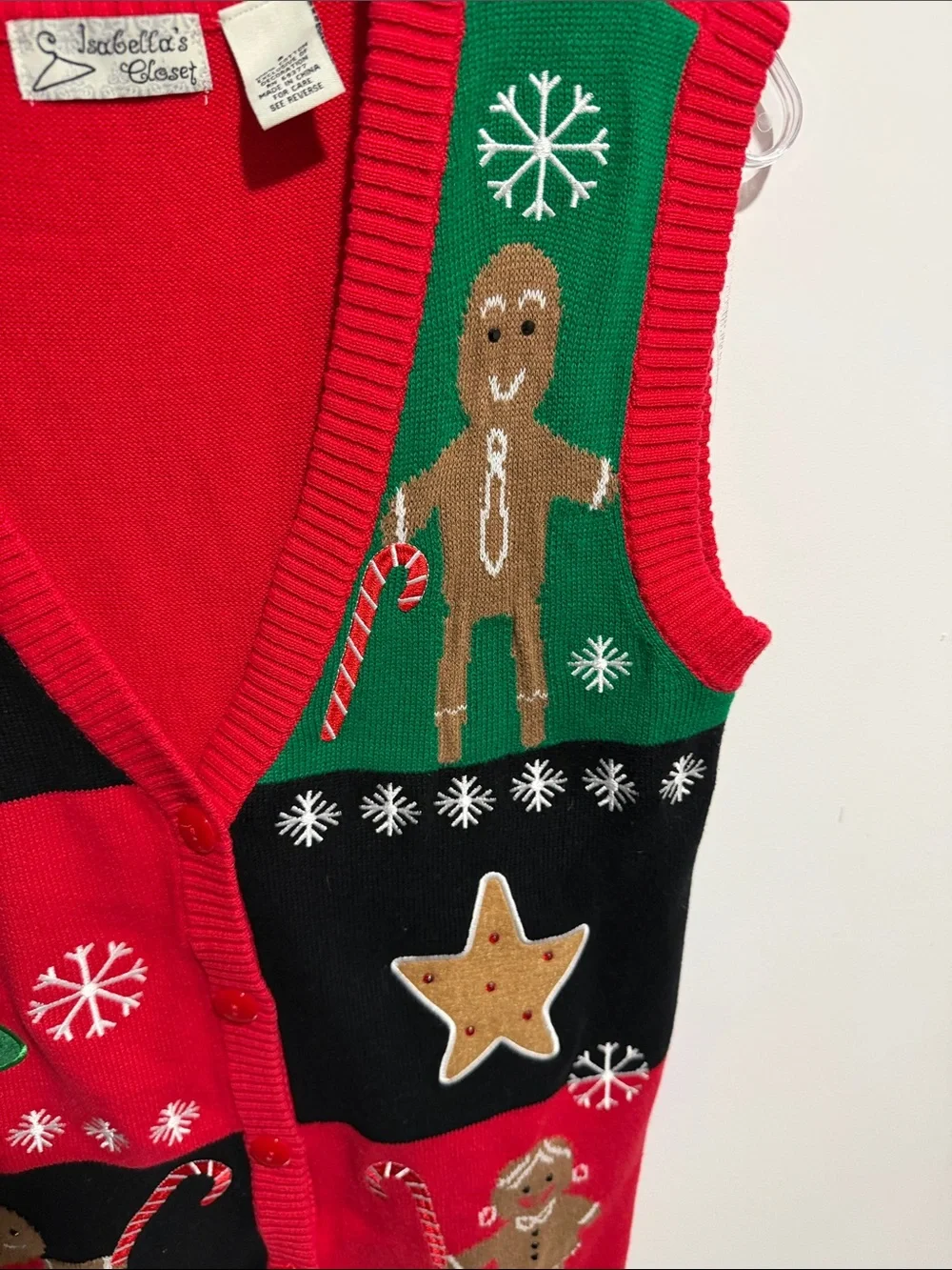Vintage 100% Cotton Red & Green Gingerbread Holiday Sweater Vest Size Small